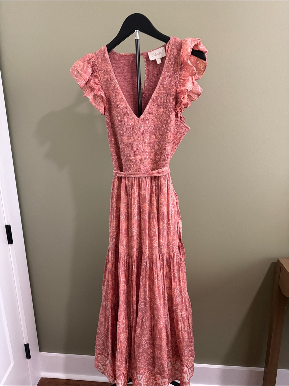 Cleobella Smocked V-Neck Ruffle Sleeve Maxi Dress - Coral Pink